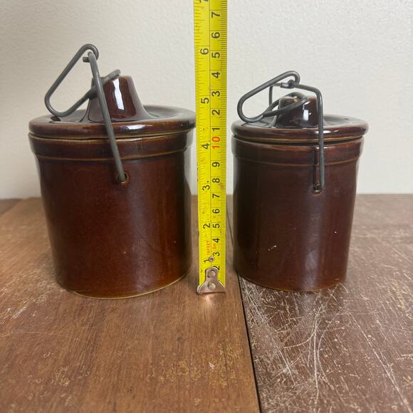 Pair (2) Brown Glazed Stoneware Crock Canisters with Bale hinge Lock lid - Picture 5 of 8
